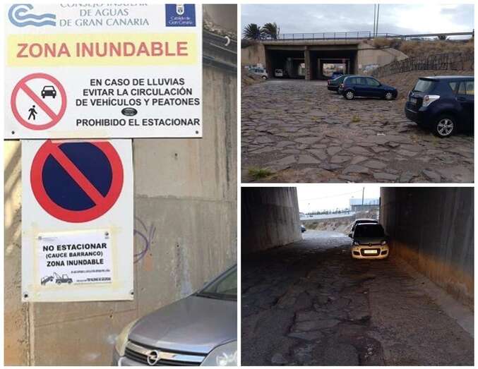 Coches aparcados en el cauce del barranquillo canalizado de Ojos de Garza/TA.
